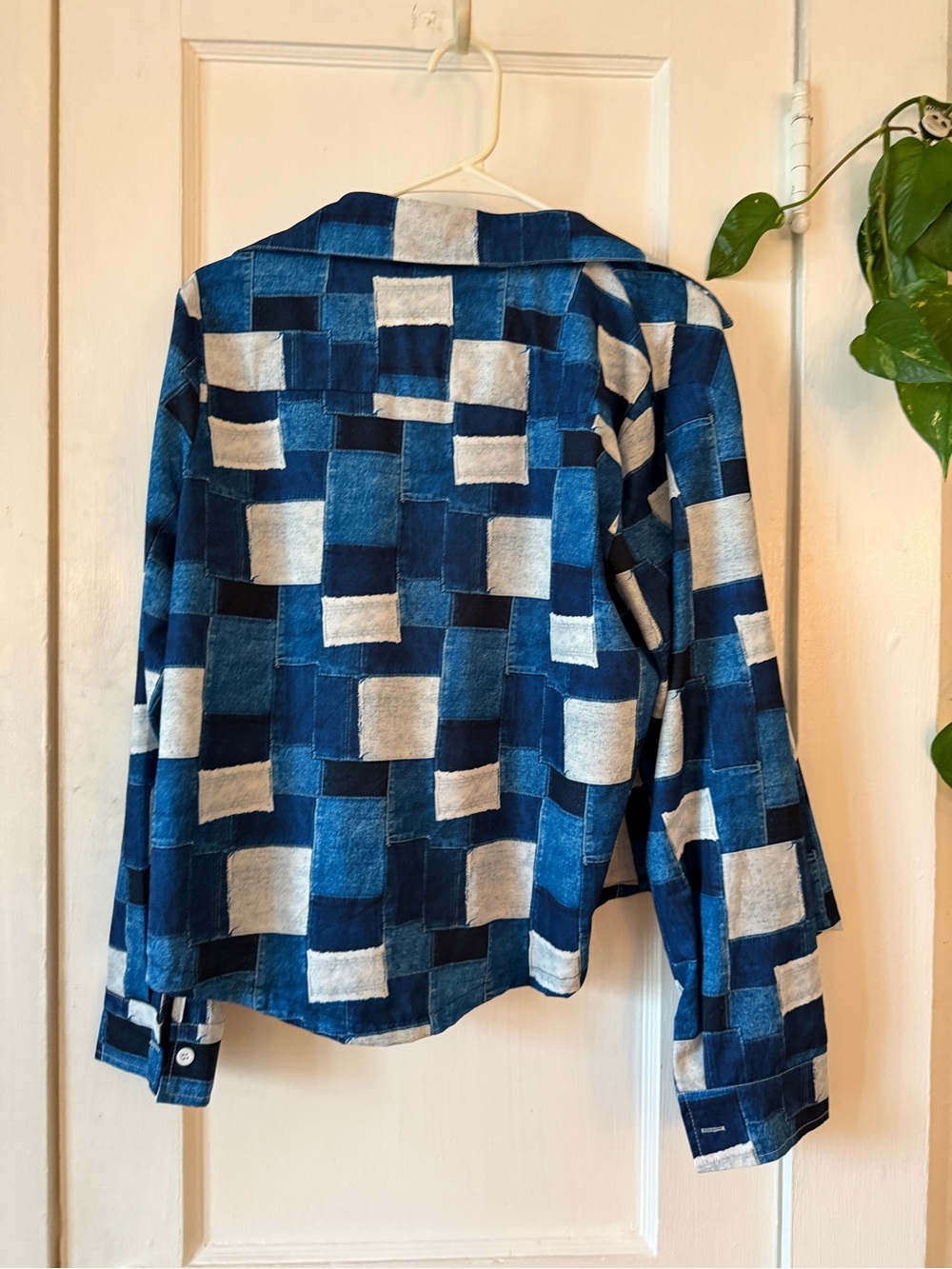 Blue and White Patchwork Button-Up Shirt - Picture 5 of 8